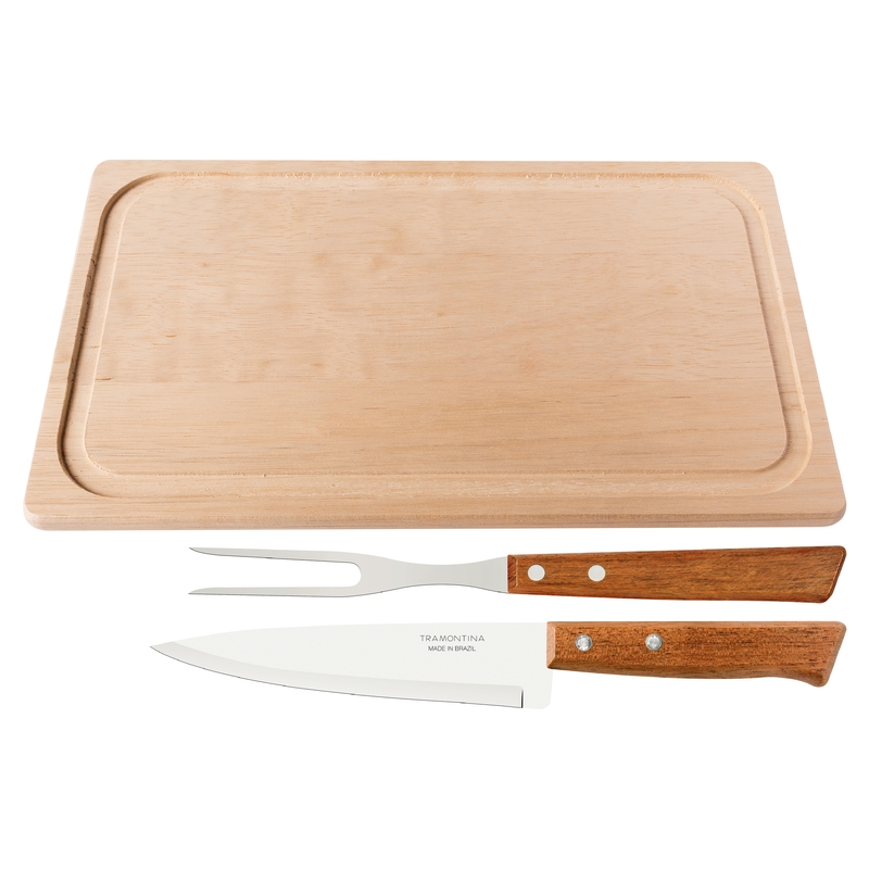 Kit Jogo Churrasco Tramontina com 3 Peças Tábua, Faca e Garfo Inox