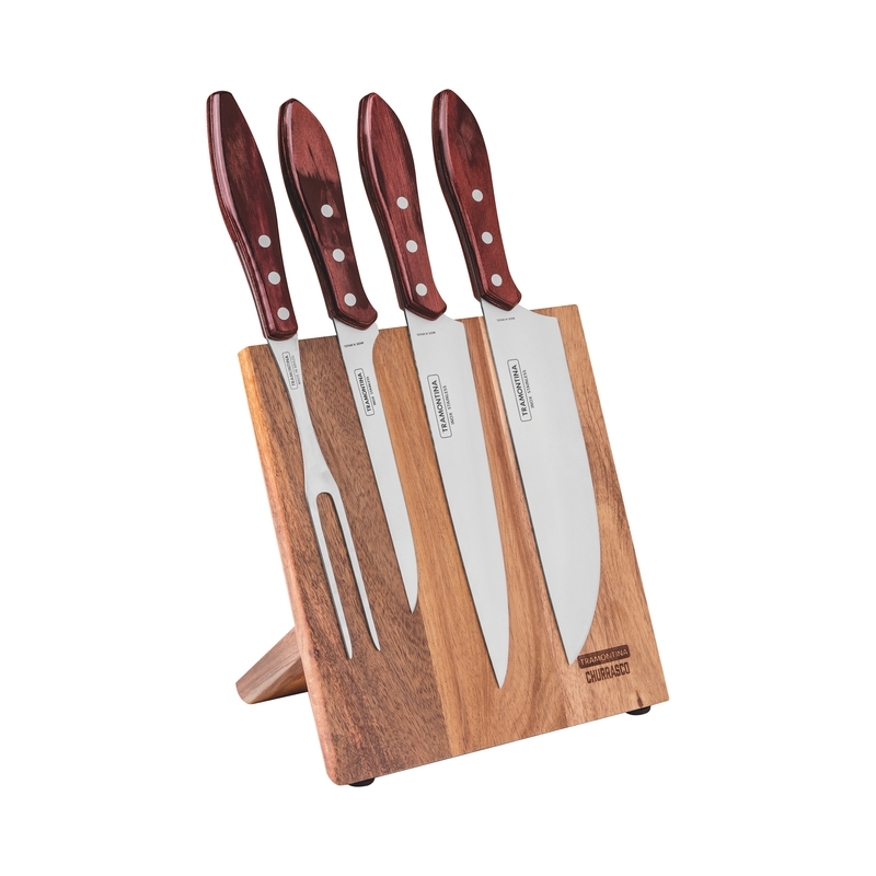 Jogo Para Churrasco 5pcs Polywo Vermelho Sortidos Com Laminas Aco Inox E Cabos Madeira