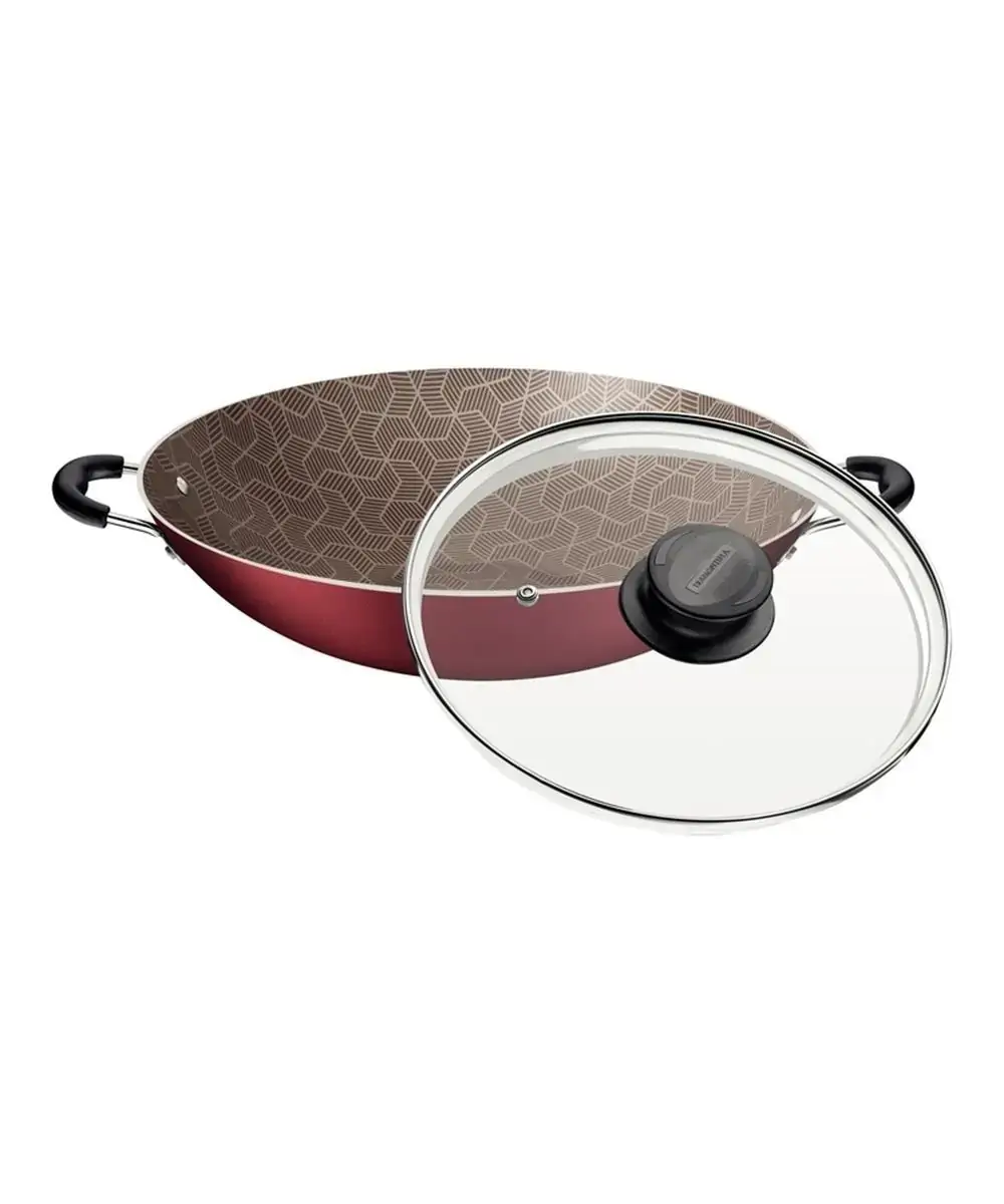 Panela Wok Tramontina Paris Antiaderente Vermelha Tampa de Vidro 32CM