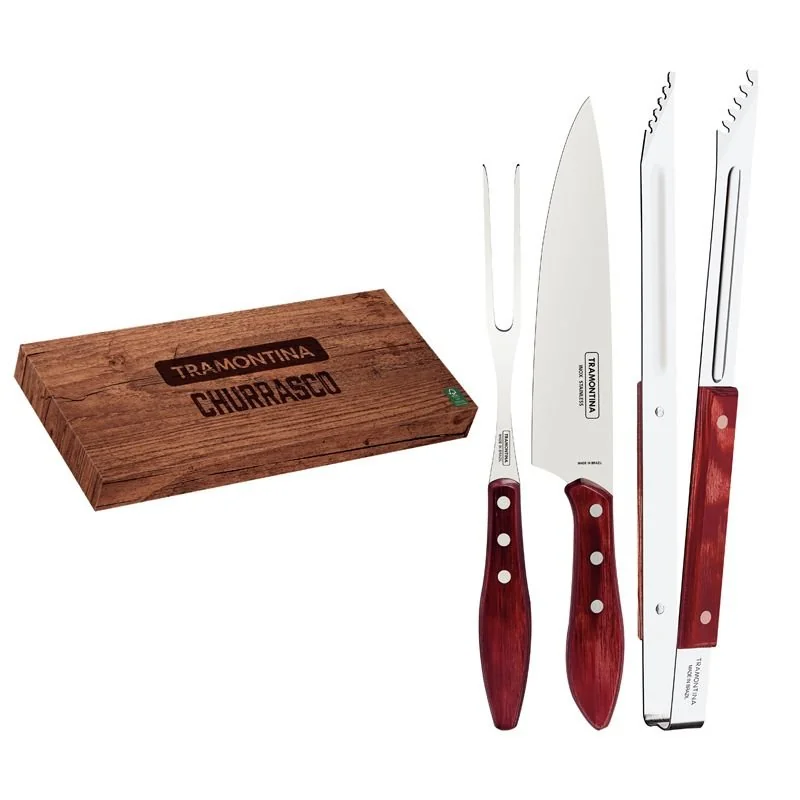 Fsc Certificado Jogo Para Churrasco 3pcs Polywood Vermelho Lamina Aco Inox E Cabo Madeira