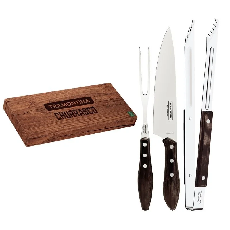 Jogo Para Churrasco 3 Pecas Polywood Castanho Inox Cb Mad Tramontina
