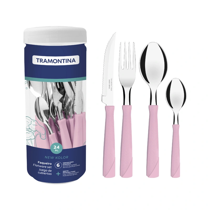 Faqueiro Inox 24pc New Kolor Rosa Sortidos Com Laminas De Aco Inox E Cabos De Polipropil