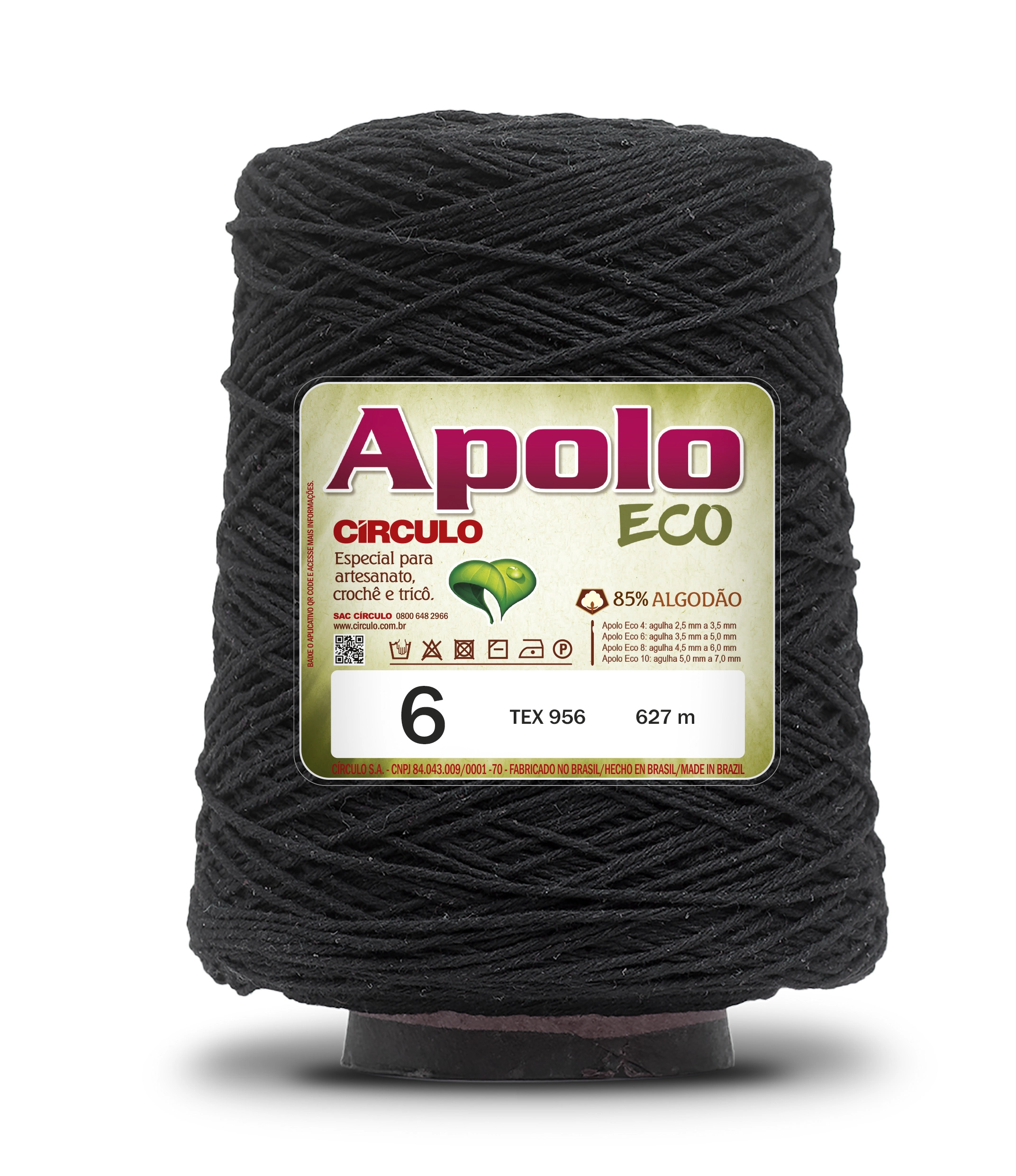 Barbante Apolo Eco 4/6 600g 8990 Preto Atacado Cone 600grs Circulo
