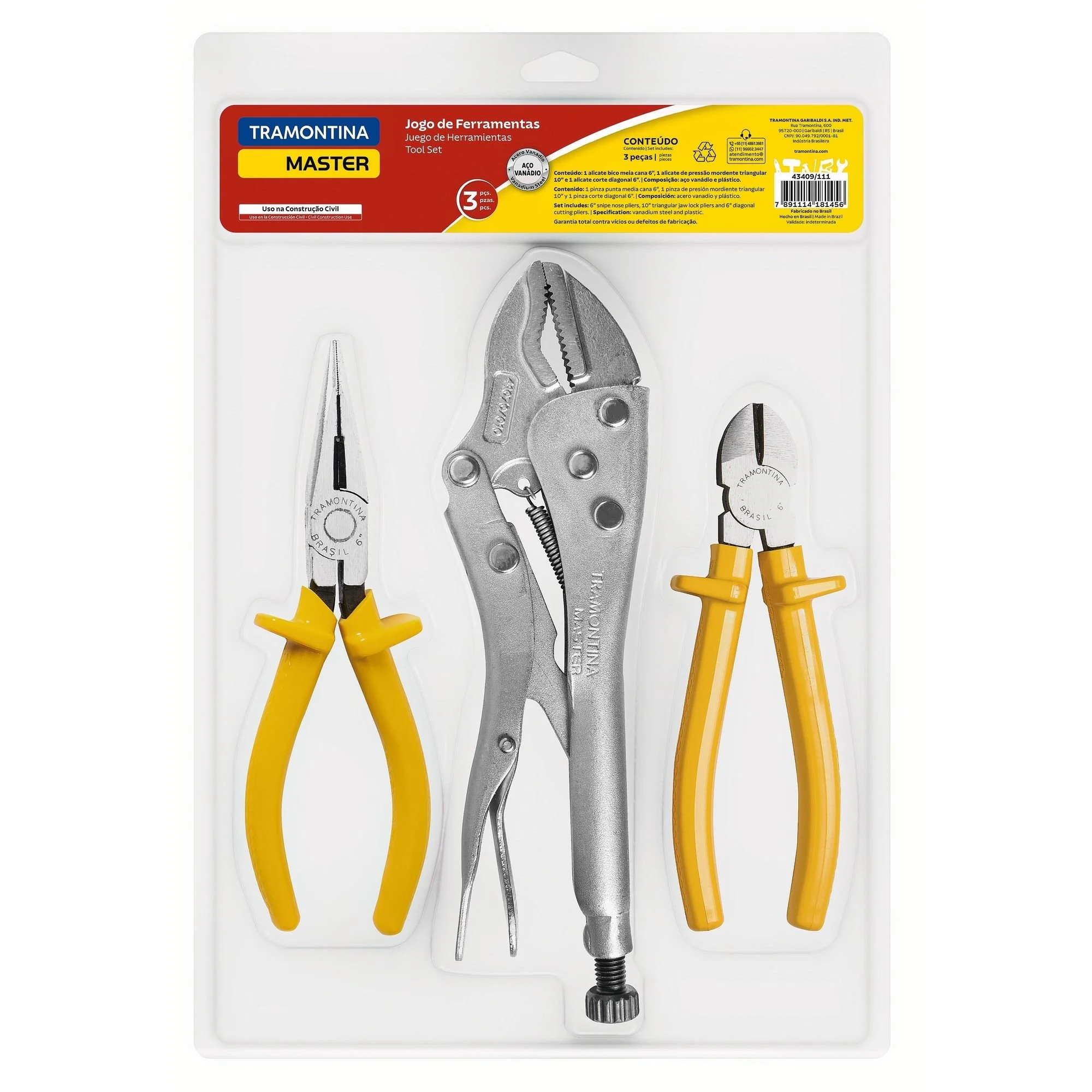 Kit Ferramentas Tramontina Alicate Pressão 10 Alicate Corte Diagonal 6 Alicate Bico Meia Cana 6 Tramontina