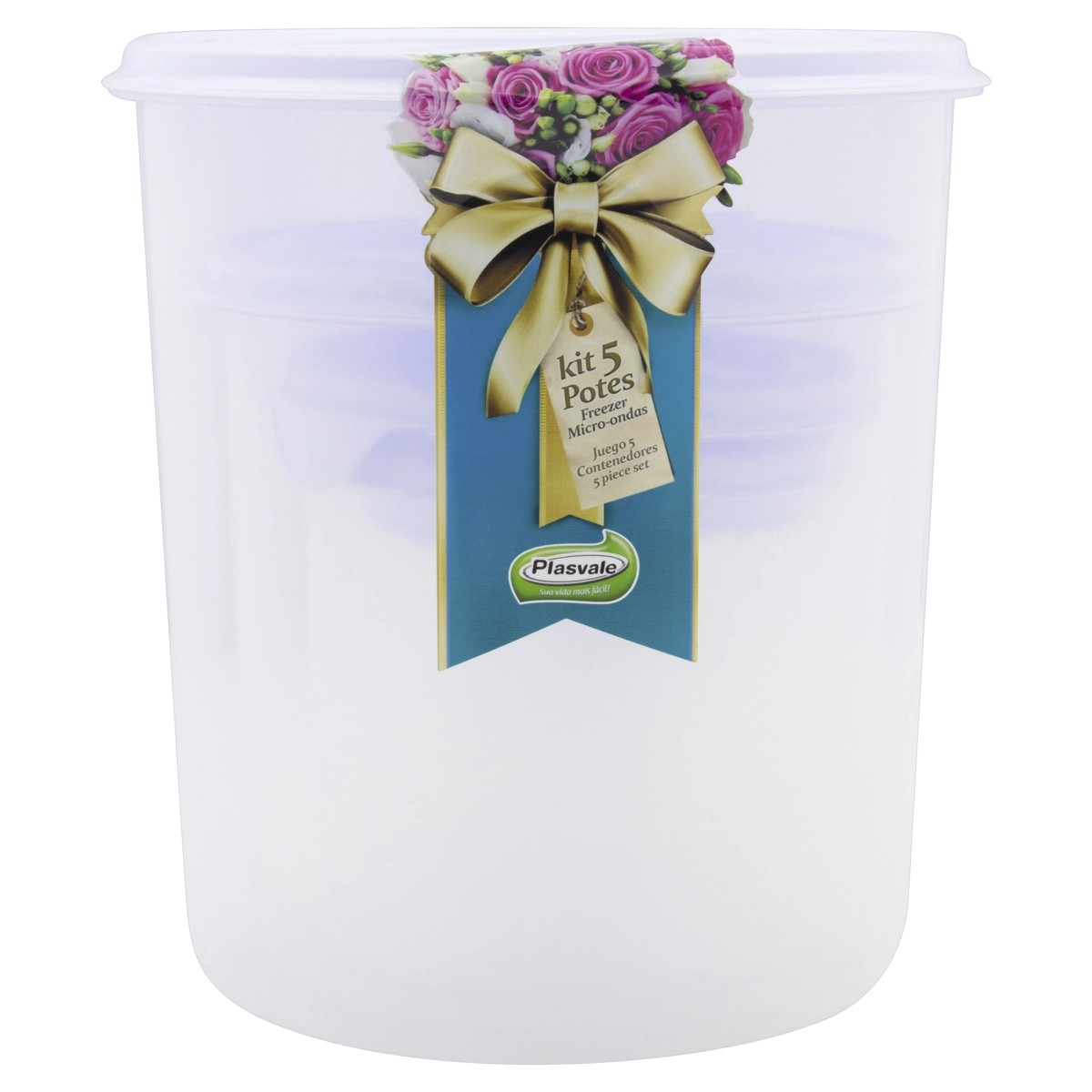 Conjunto Pote Plástico Branco Redondo Plasvale 5 Unidades