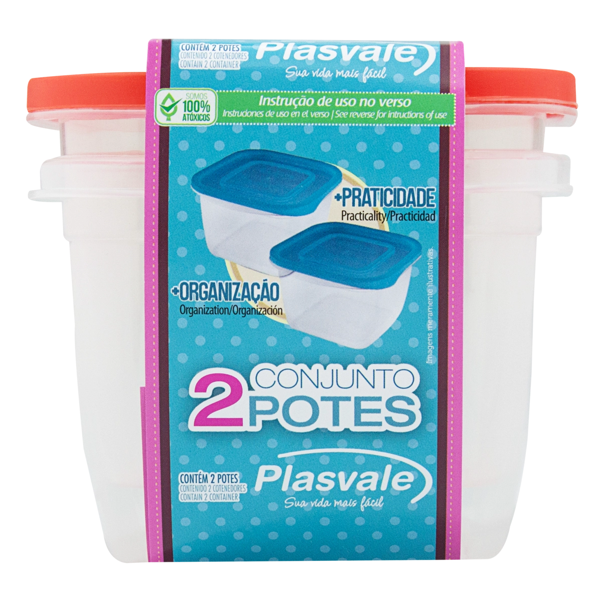 Conjunto Pote Plástico Vermelho Quadrado Plasvale 2 Unidades