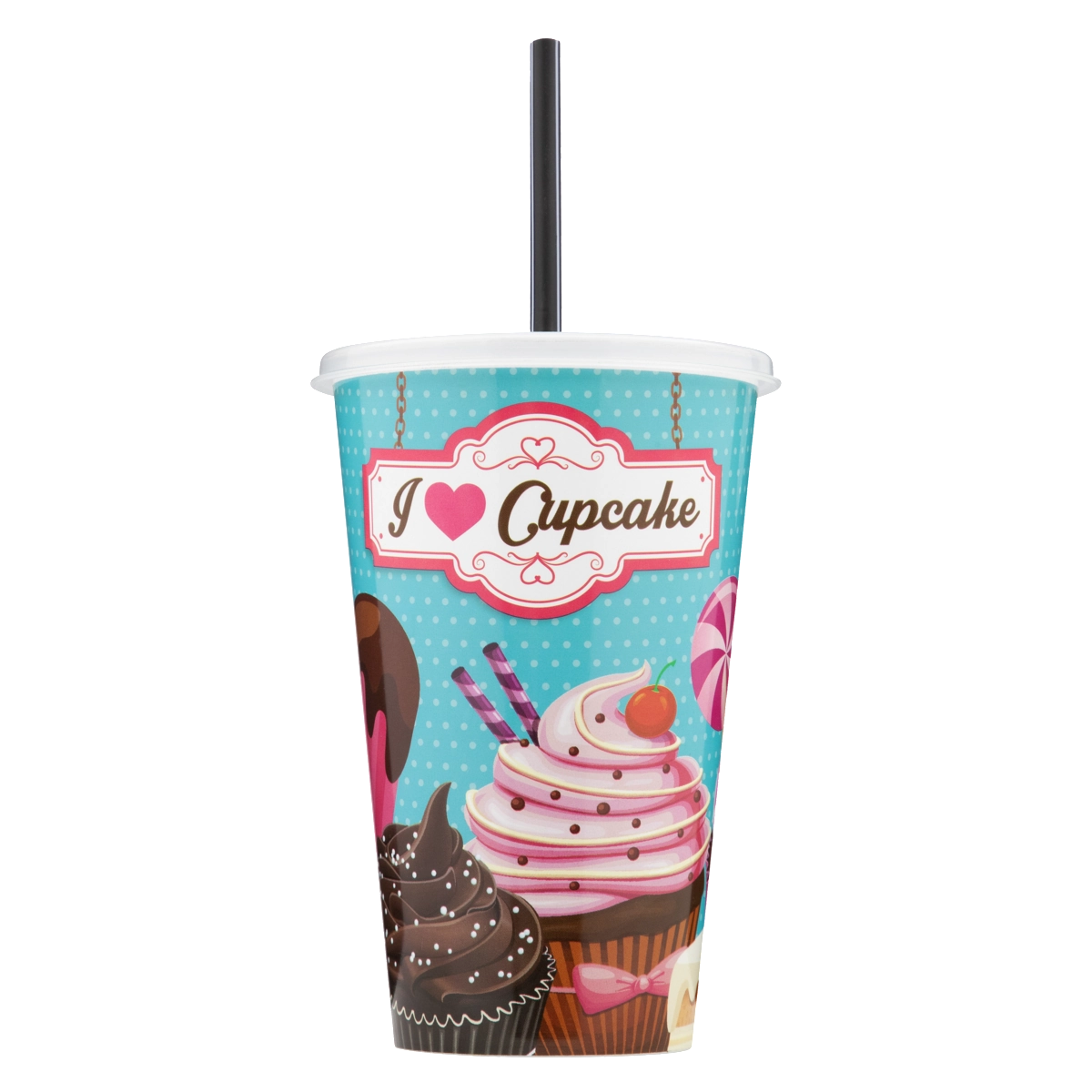 Copo Plástico Com Canudo I Love Cupcake 520ml Plasvale