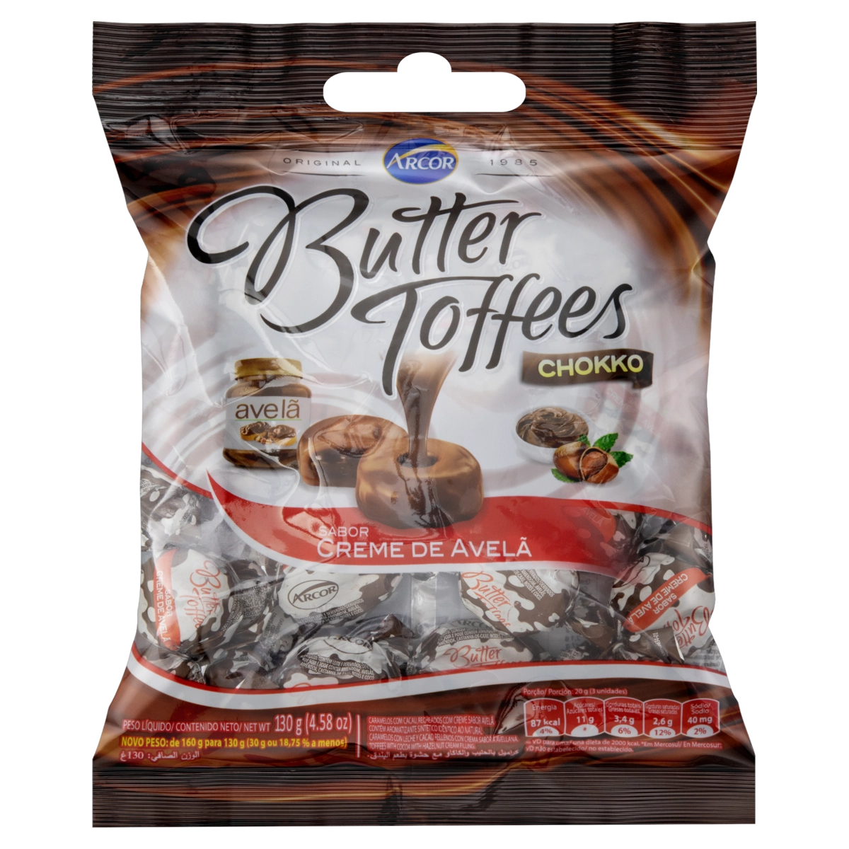 Bala Caramelo E Cacau Com Recheio De Creme De Avelã Butter Toffees Pacote 130g