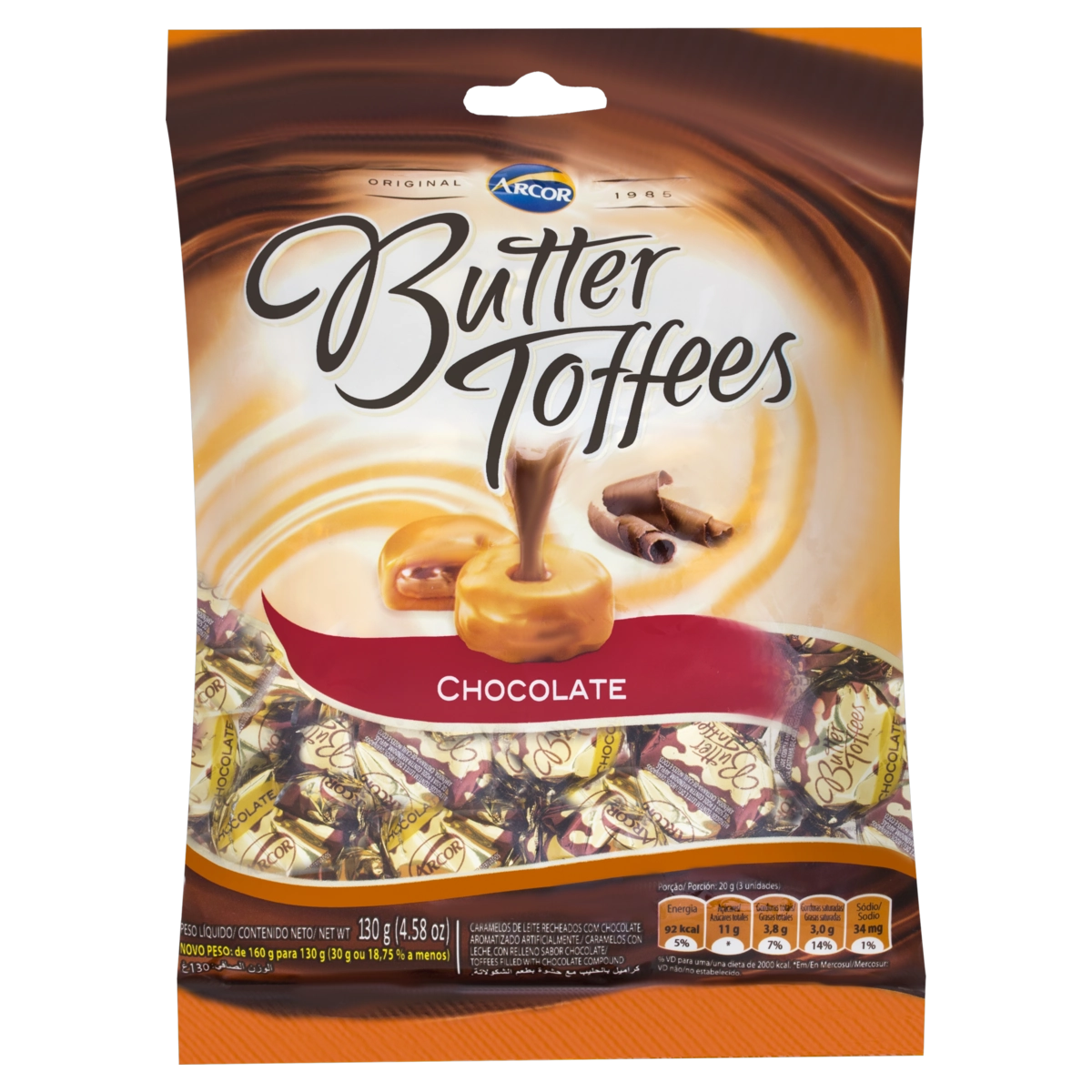 Bala De Caramelo Recheado Com Chocolate Butter Toffees Pacote 130g