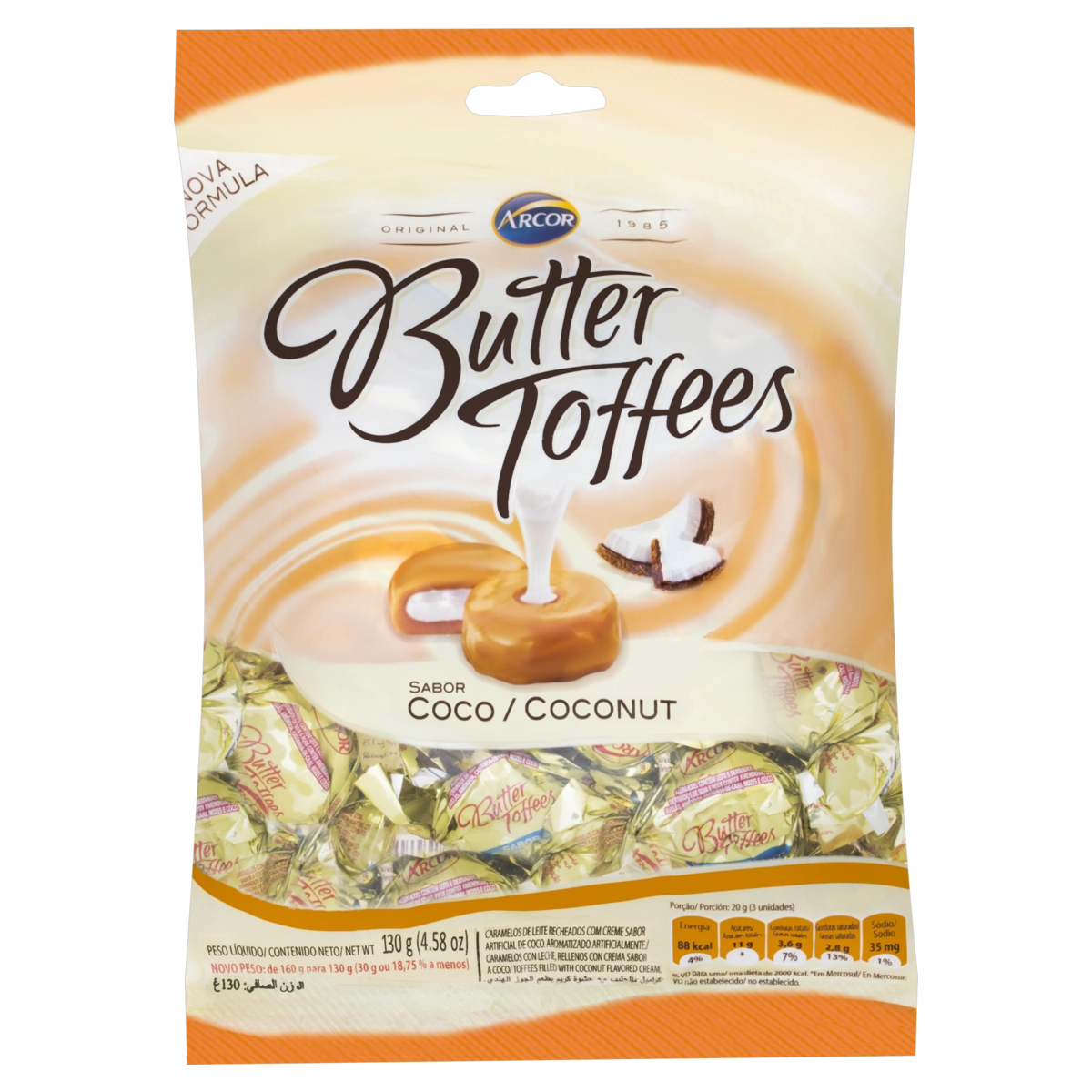 Bala De Caramelo Recheado Com Coco Butter Toffees Pacote 130g