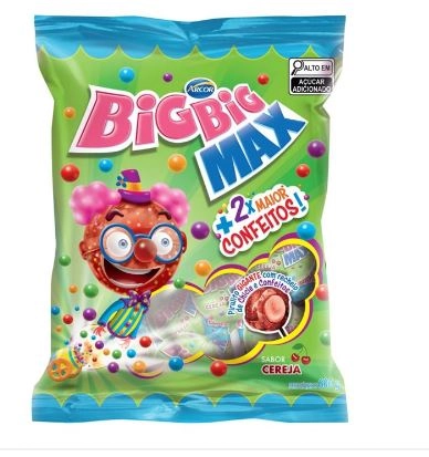 Pirulito Cereja Recheio Chicle E Confeitos Big Big Max Pacote 600g