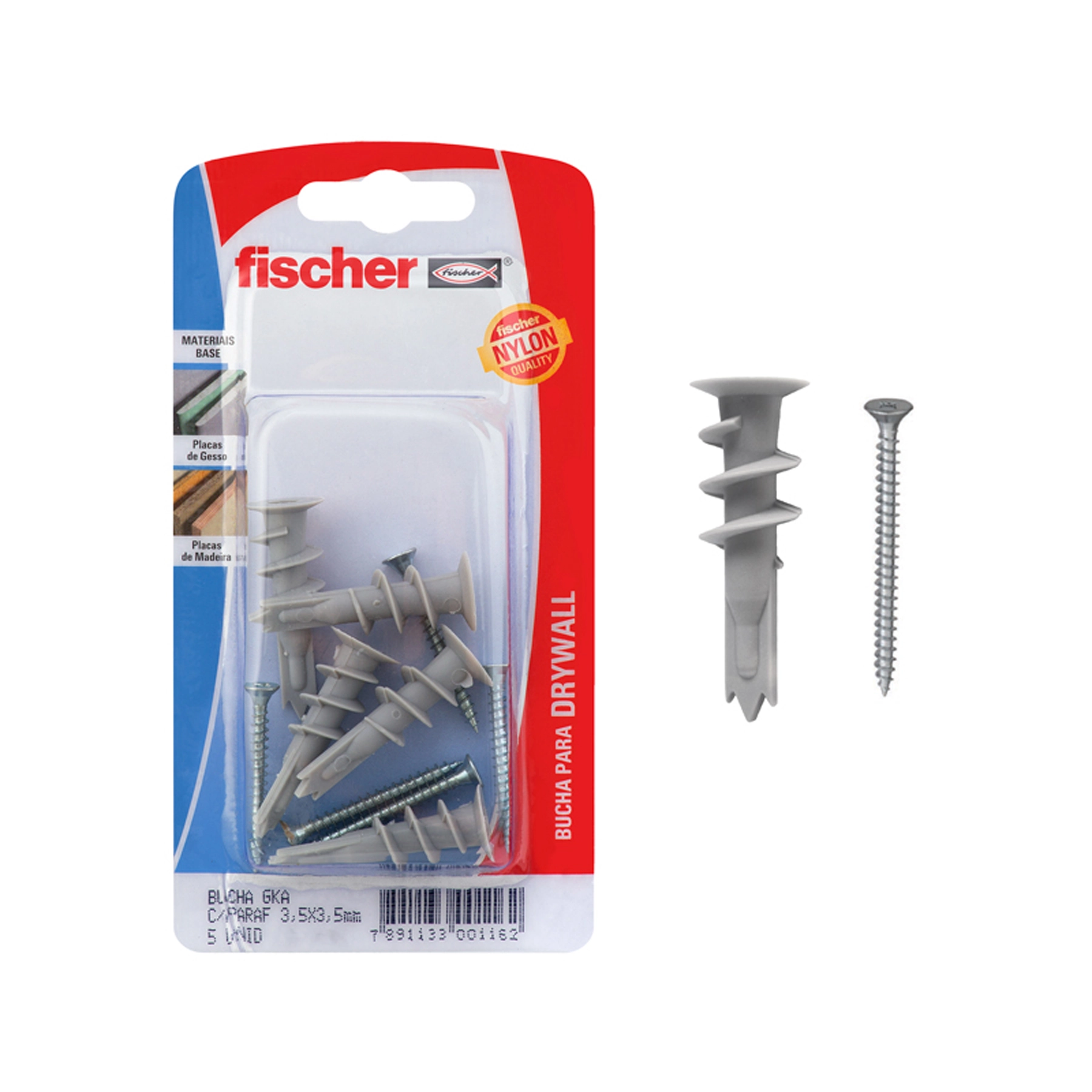 Bucha Drywall 5mm Nylon GKA 5 peças com Parafuso Fischer