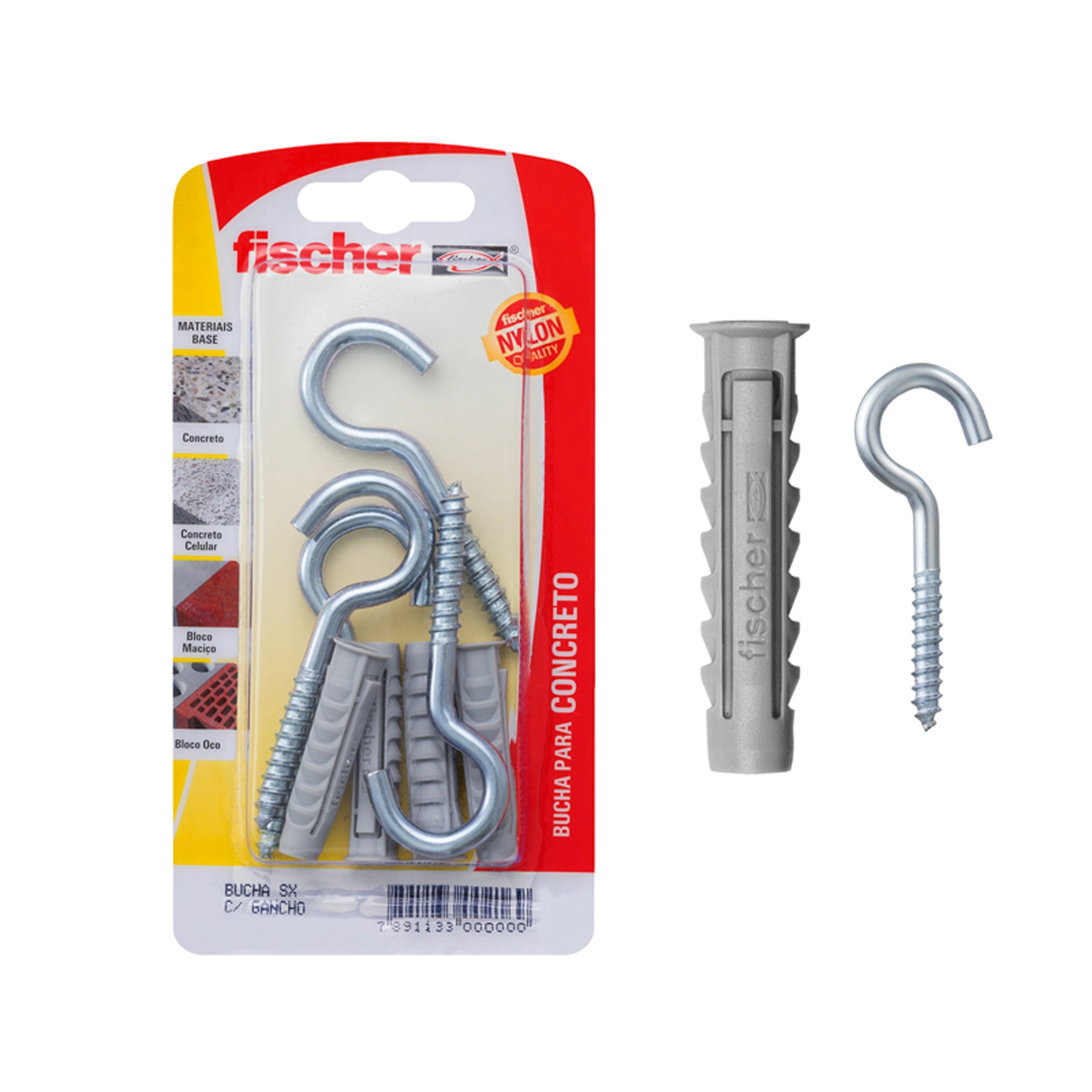 Bucha Nylon 8mm Alvenaria SX com Parafuso Gancho 4 peças Fischer