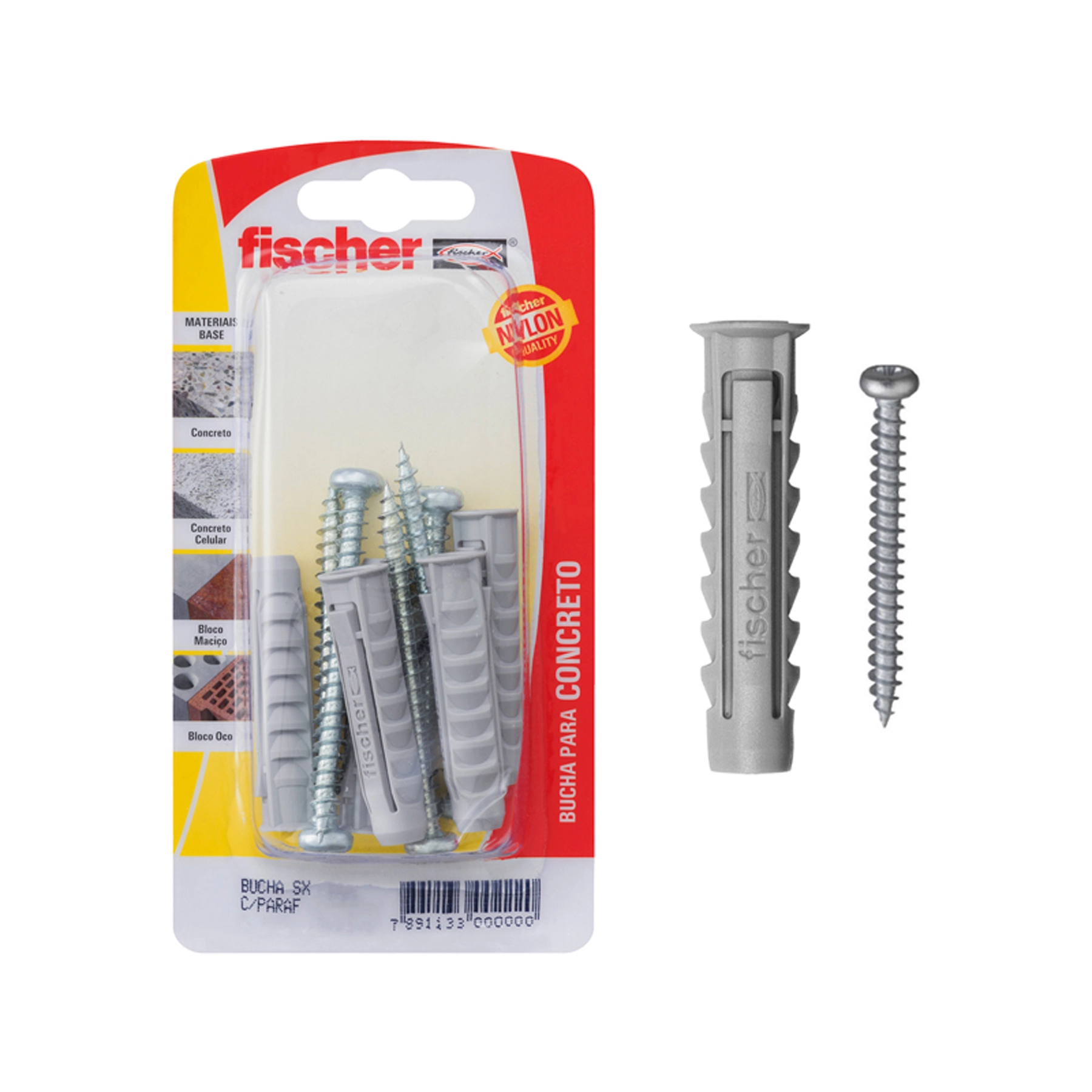Bucha Nylon 8mm Alvenaria SX com Parafuso 5 peças Fischer