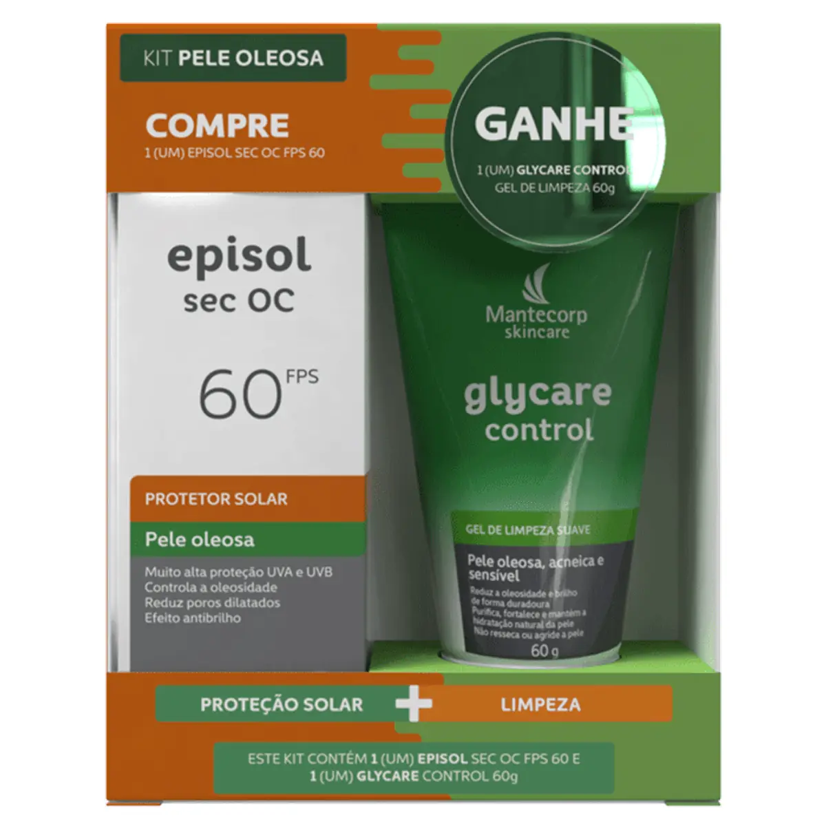 Kit Protetor Solar Fps 60 Mantecorp Skincare Episol Sec Oc 60ml Grátis Gel De Limpeza Suave Glycare