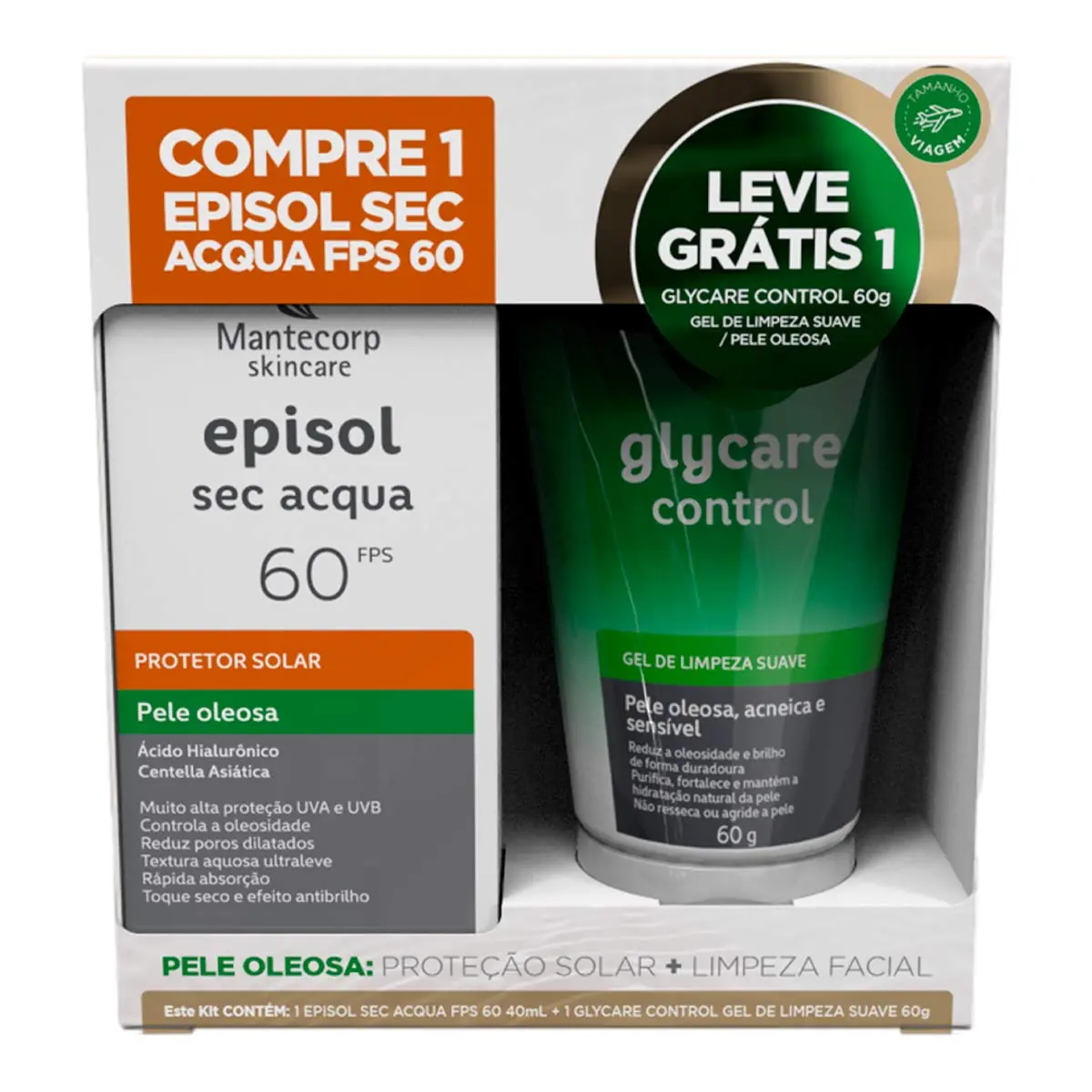 Kit Mantecorp Protetor Solar Facial FPS 60 Episol 40ml + Gel de Limpeza Facial Glycare Control 60g