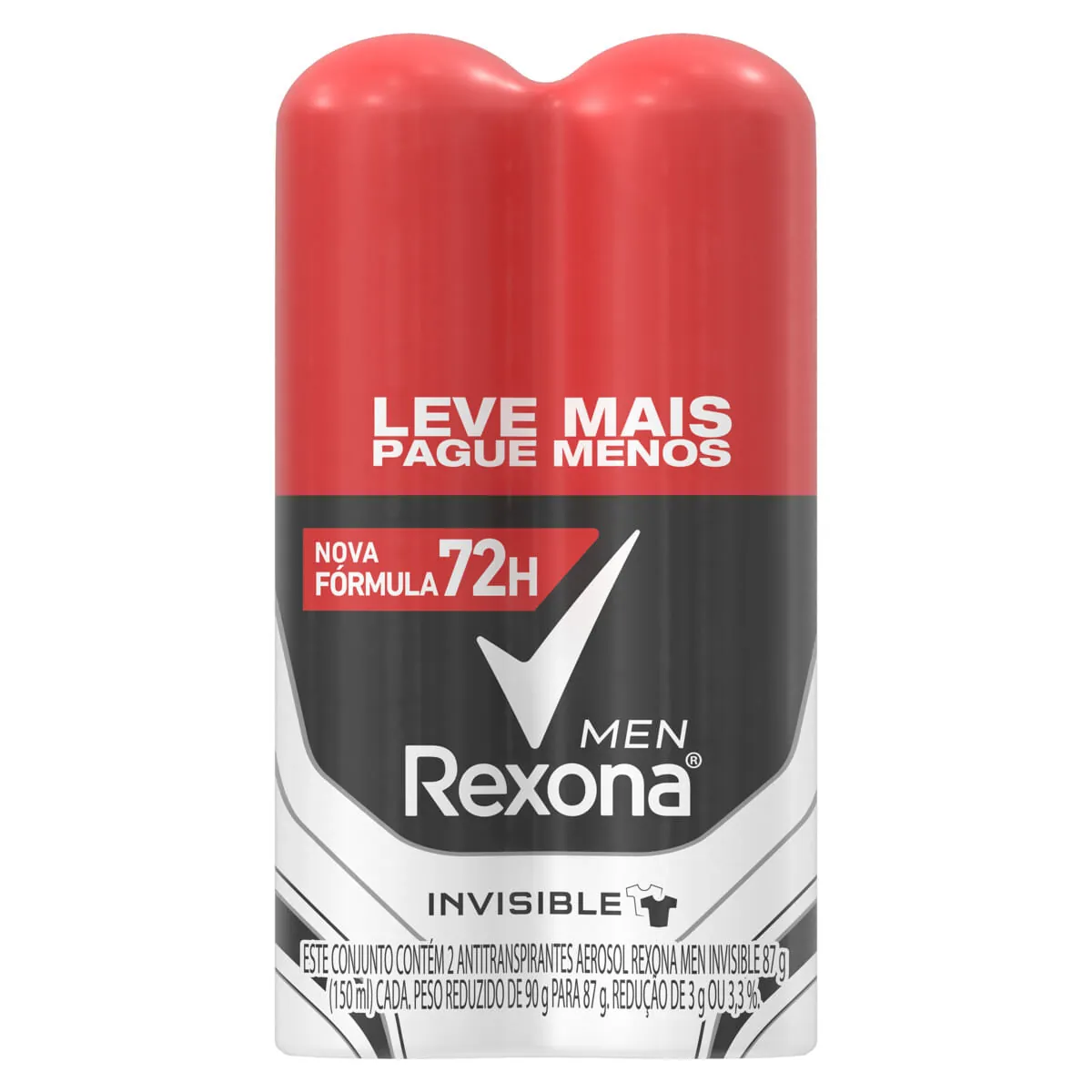 Pack Antitranspirante Aerossol Invisible 72h Rexona Men 2 Unidades 150 ml Cada