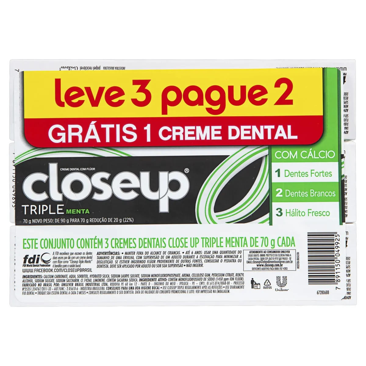 Pack Creme Dental Menta Closeup Triple Caixa 70g Leve 3 Pague 2 Unidades