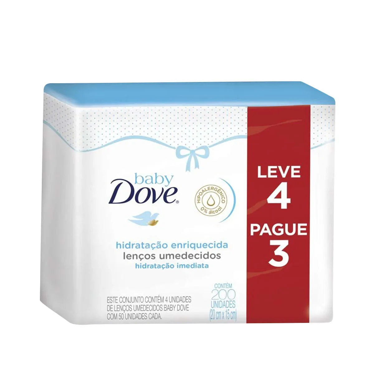 Pack Toalha Umedecida Infantil Hidratação Enriquecida Dove Baby Pacote Leve 4 Pague 3 Unidades