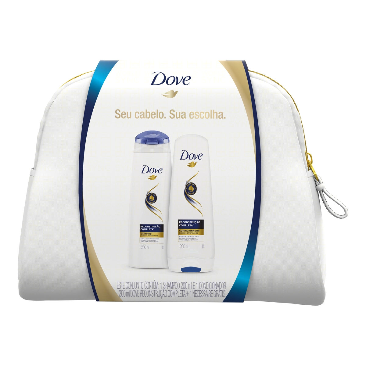 Kit Shampoo Condicionador Dove Reconstrução Completa 200ml Cada Grátis 1 Necessaire
