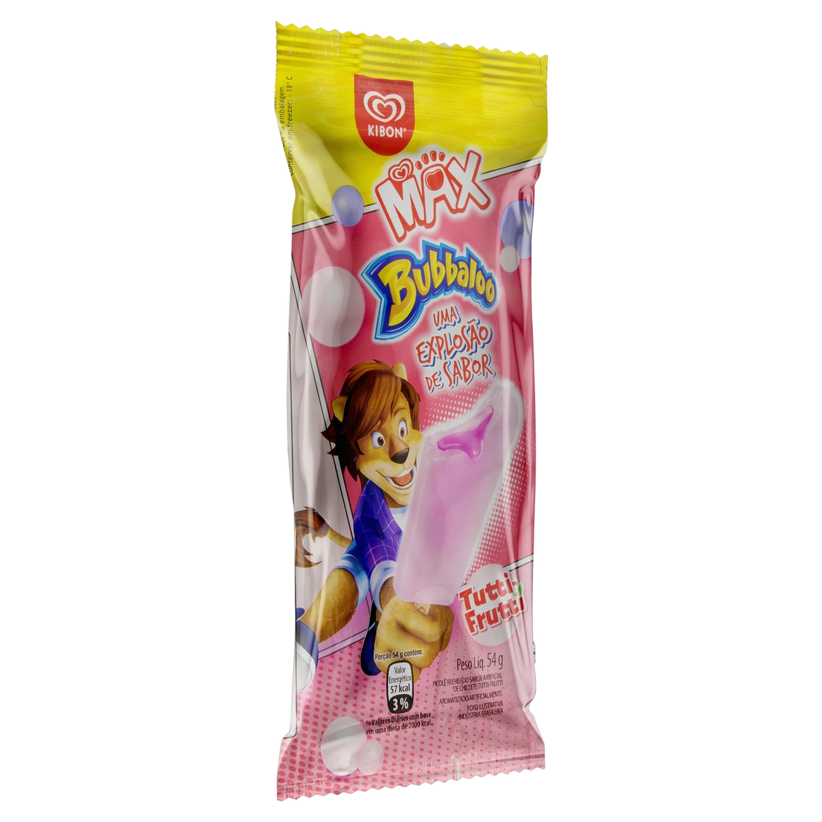 Picolé Recheio Chiclete Tutti Frutti Kibon Max Bubbaloo Pacote 54g