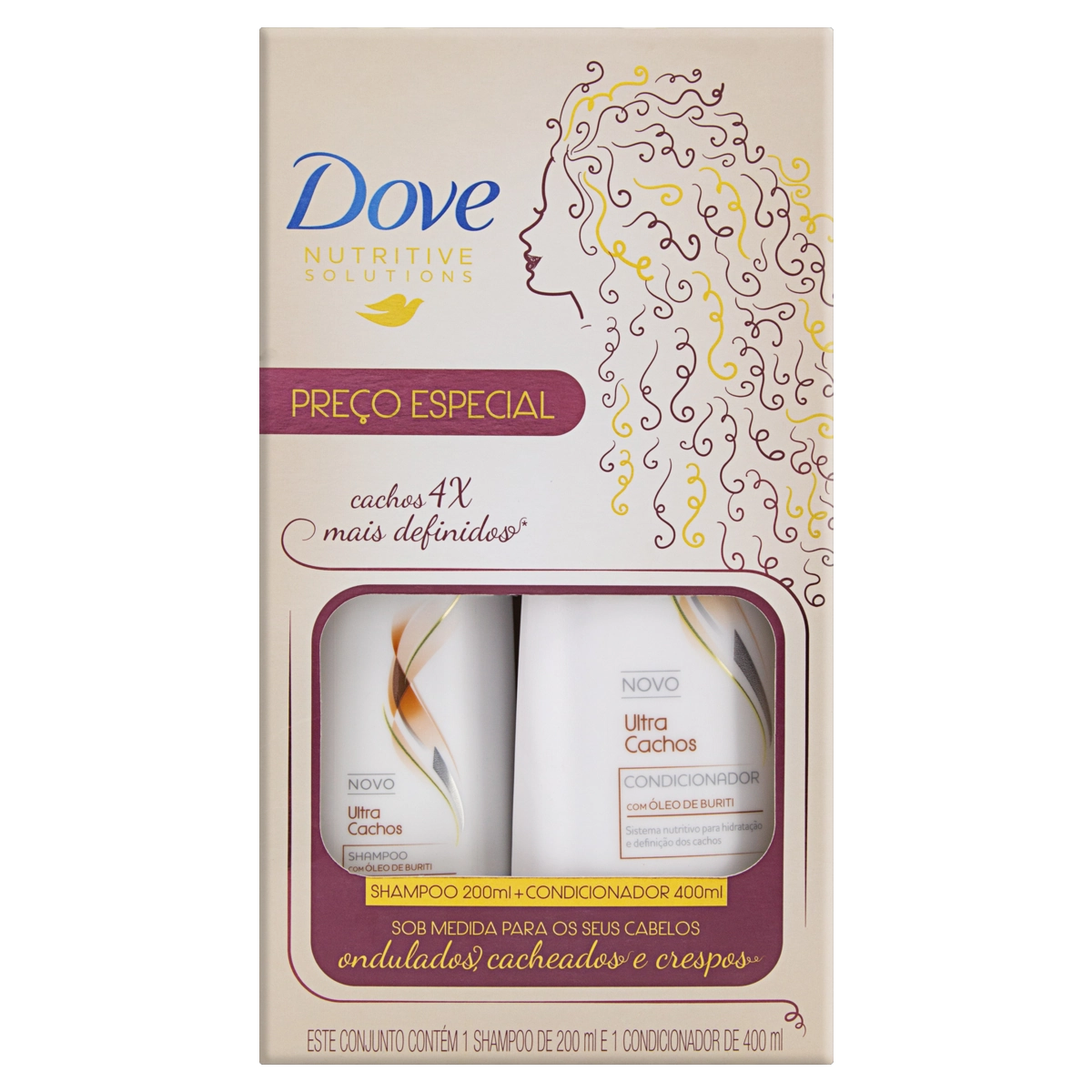 Kit Shampoo 200ml Condicionador 400ml Dove Nutritive Solutions Ultra Cachos
