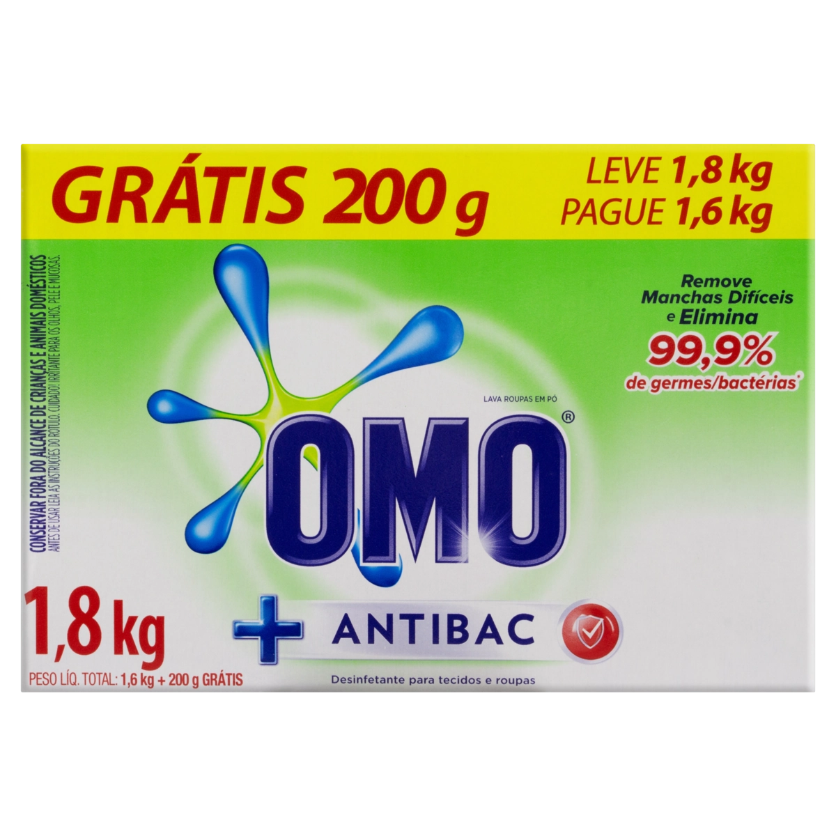 Lava Roupas Pó Omo Antibac Caixa Leve 1,8kg Pague 1,6kg
