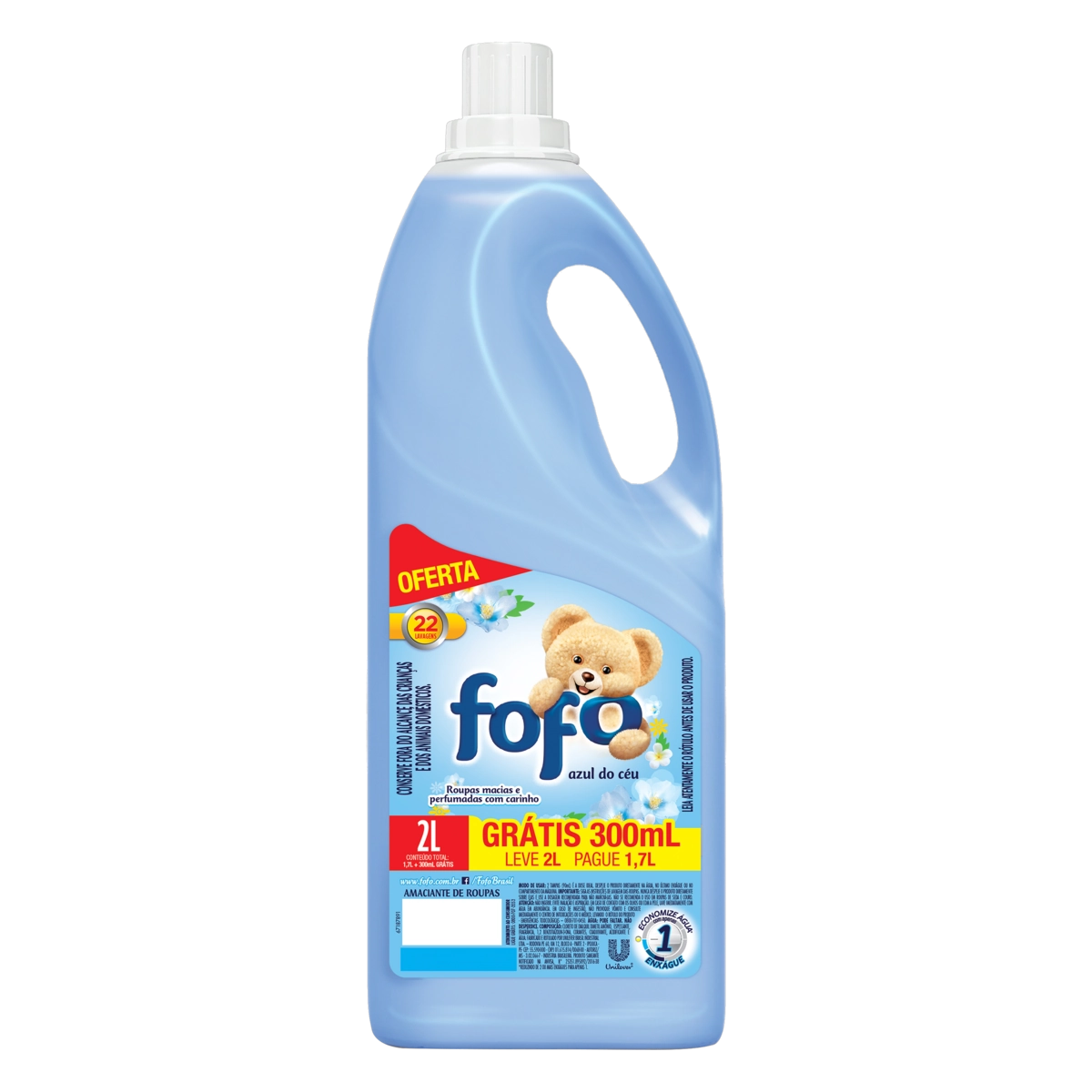 Amaciante De Roupa Diluído Azul Do Céu Fofo Frasco Leve 2l Pague 1,7l