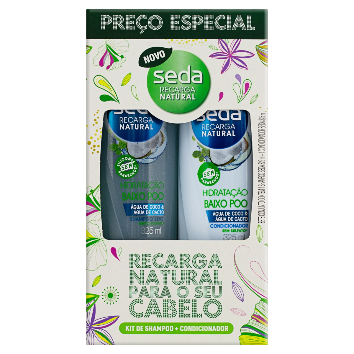 Kit Shampoo Condicionador Seda Recarga Natural Hidratação Baixo Poo 325ml Cada