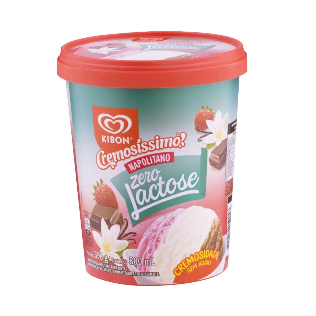 Sorvete Napolitano Zero Lactose Kibon Cremosíssimo Pote 800ml