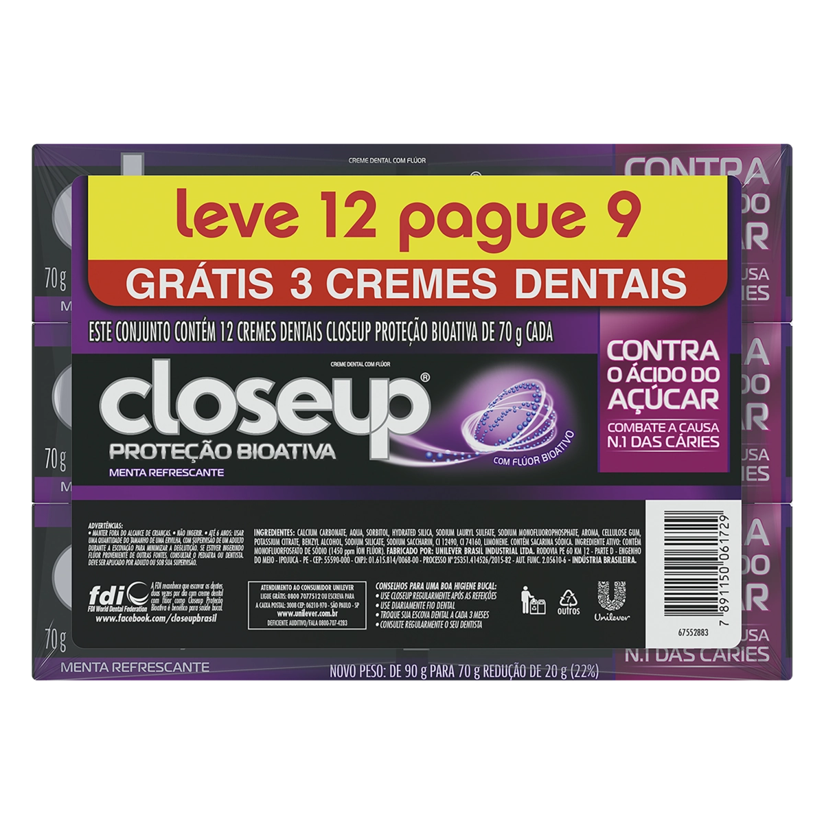 Pack Creme Dental Menta Refrescante Closeup Proteção Bioativa Contra O ácido Do Açúcar Caixa 70g Cad