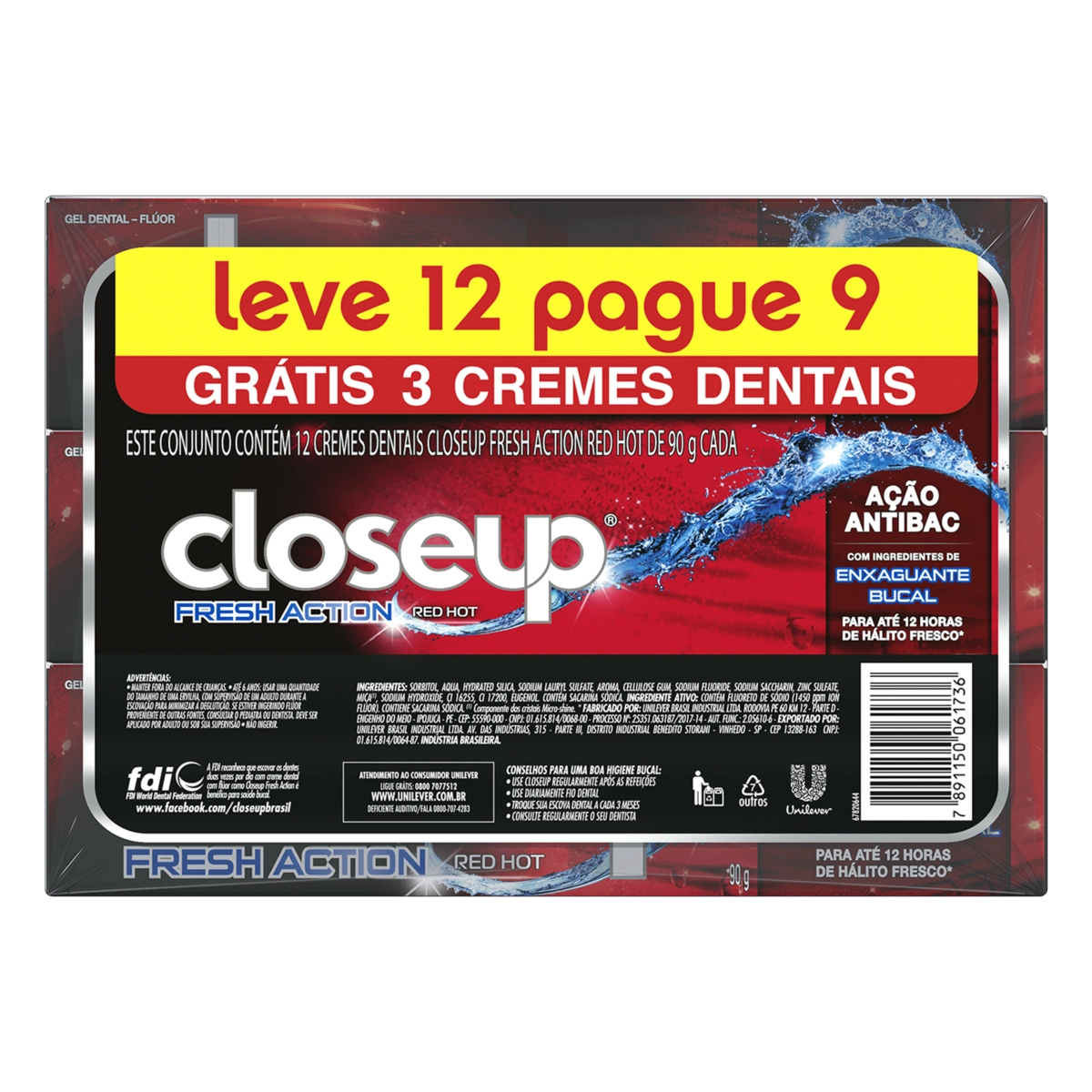 Pack Creme Dental Red Hot Closeup Fresh Action 90g Cada Leve 12 Pague 9 Unidades