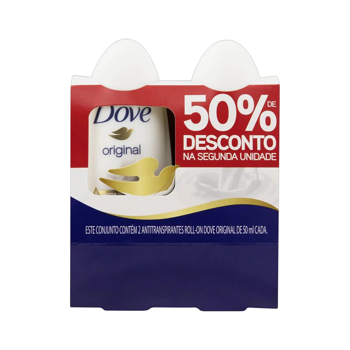 Pack Antitranspirante Roll-On Original Dove Frasco 2 Unidades 50ml Cada Grátis 50% de Desconto na Segunda Unidade