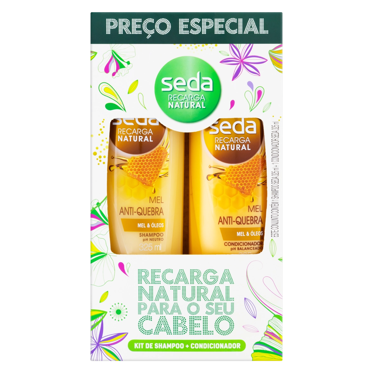 Kit Shampoo Condicionador Seda Recarga Natural Antiquebra Mel 325ml Cada