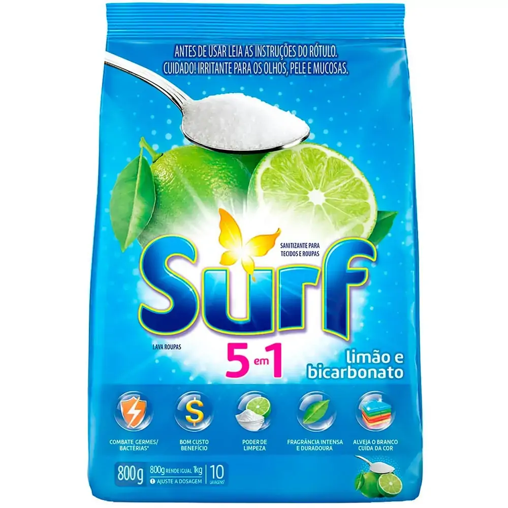 Lava Roupas Pó Limão E Bicarbonato Surf Pacote 800g