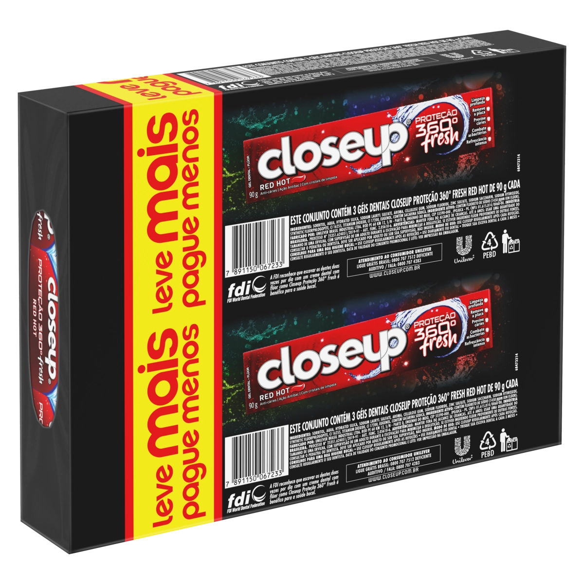 Pack Gel Dental Red Hot Closeup Proteção 360° Fresh Caixa 3 Unidades 90g Cada Leve Mais Pague Menos