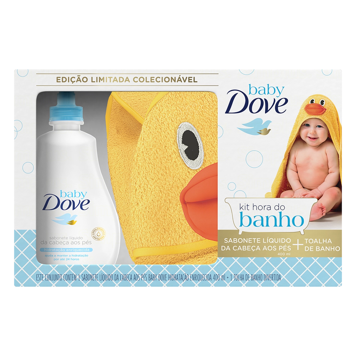 Kit Sabonete Líquido Hidratação Enriquecida Da Cabeça Aos Pés 400ml Toalha De Banho Pato Dove Baby