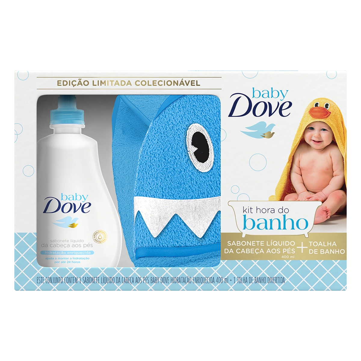 Kit Sabonete Líquido Hidratação Enriquecida Da Cabeça Aos Pés 400ml Toalha De Banho Tubarão Dove Bab