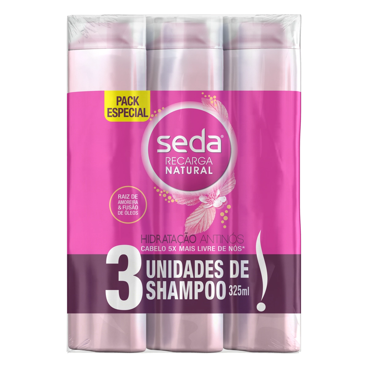 Pack Shampoo Seda Recarga Natural Hidratação Antinós Frasco 3 Unidades 325ml Cada