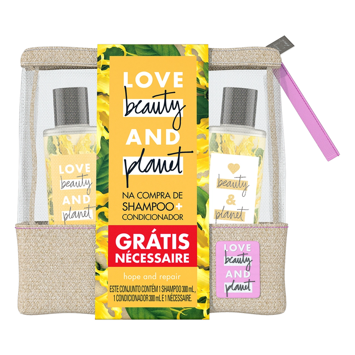 Kit Shampoo Condicionador Love Beauty Planet Hope And Repair 300ml Cada Grátis Nécessaire