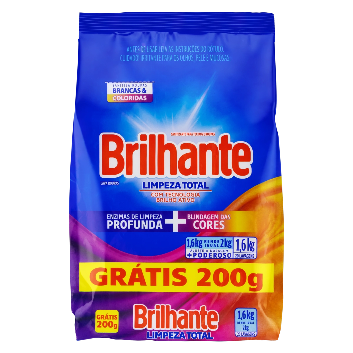 Lava-Roupas em Pó Roupas Brancas e Coloridas Brilhante Limpeza Total Pacote 1,6kg Grátis 200g