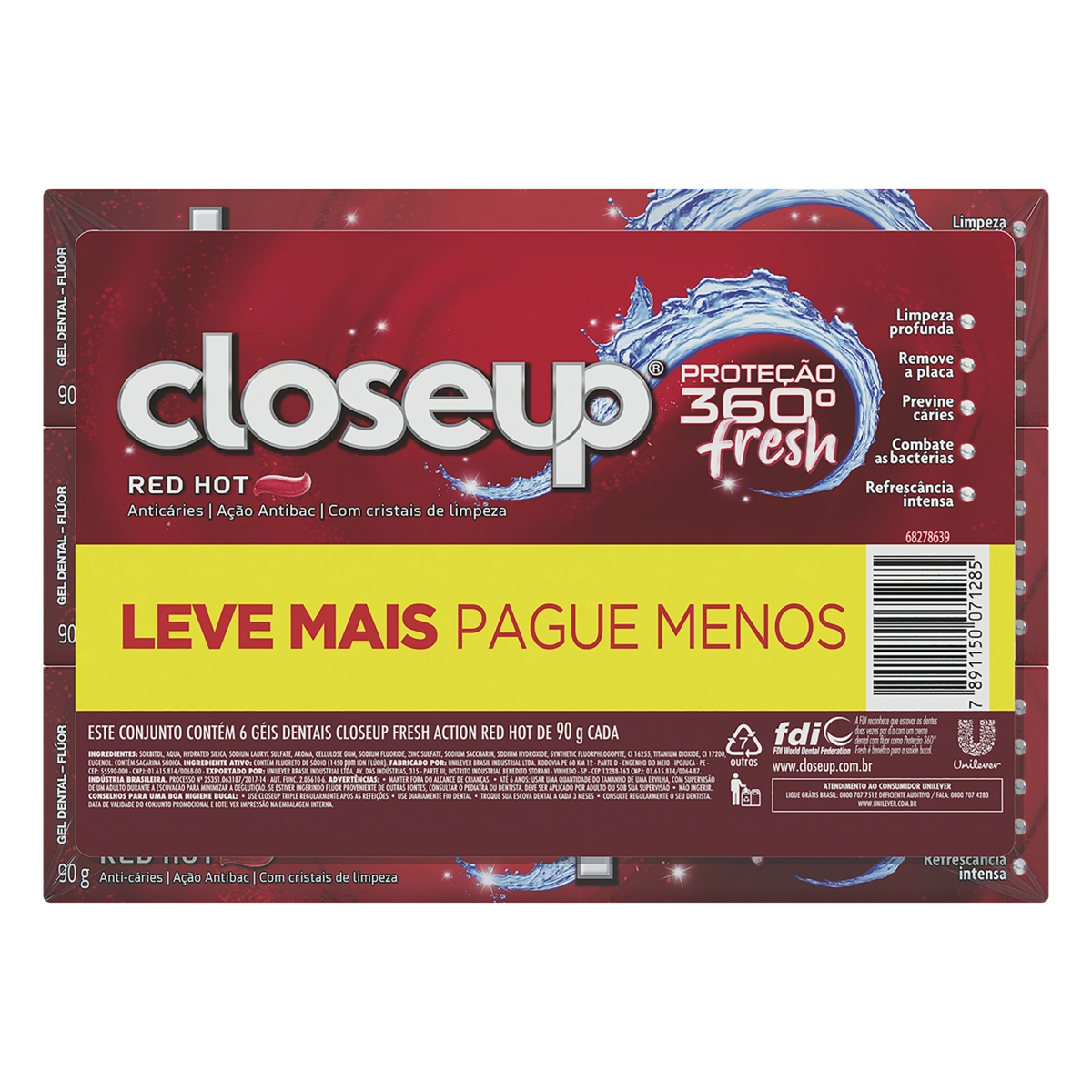 Pack Gel Dental Red Hot Closeup Proteção 360° Fresh Caixa 6 Unidades 90g Cada Leve Mais Pague Menos