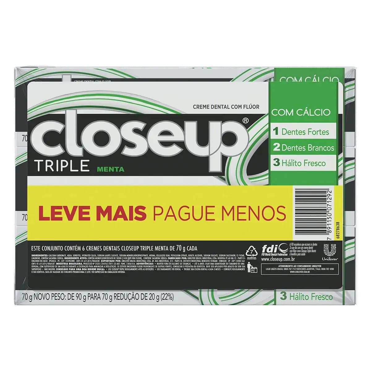 Pack Creme Dental Menta Closeup Triple Caixa 6 Unidades 70g Cada Leve Mais Pague Menos