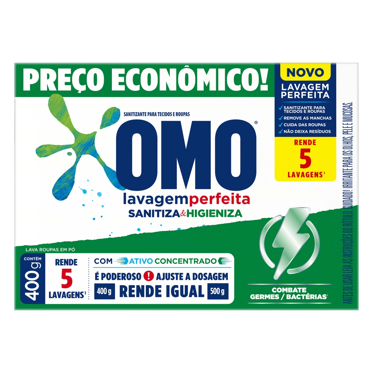 Lava Roupas Pó Omo Lavagem Perfeita Sanitiza Higieniza Caixa 400g