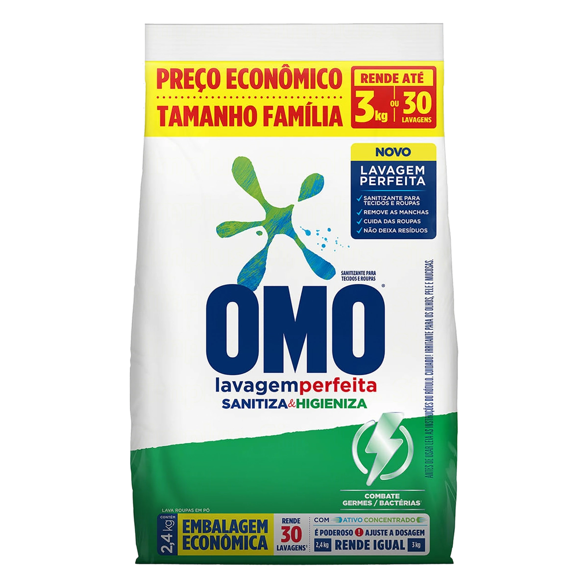Lava Roupas Pó Omo Lavagem Perfeita Sanitiza Higieniza Pacote 2,4kg Tamanho Família