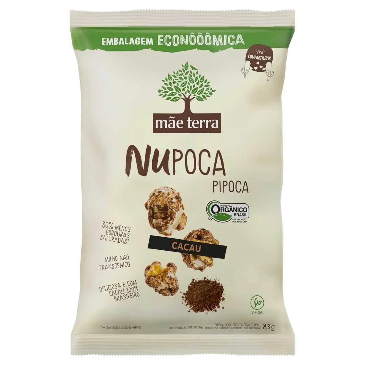 Pipoca Pronta Doce Orgânica Cacau Mãe Terra Nupoca 83g Embalagem Econômica