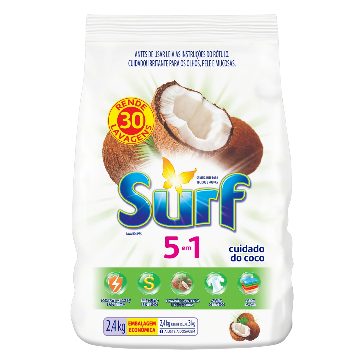 Lava Roupas Pó Cuidado Do Coco Surf Pacote 2,4kg Embalagem Econômica