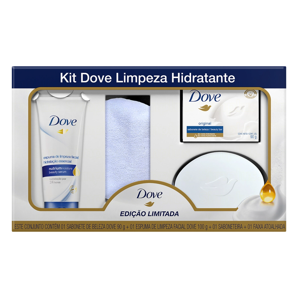 Kit Sabonete Barra Original 90g Espuma De Limpeza Facial 100g Saboneteira Faixa Atoalhada Dove