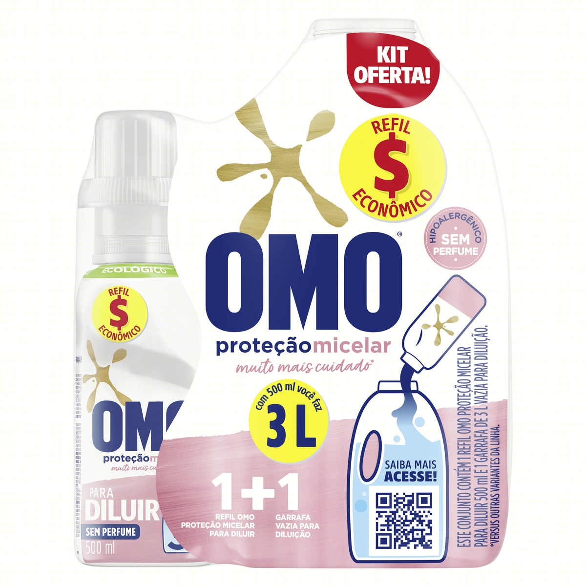 Kit Garrafa para Diluição + Lava-Roupas Líquido para Diluir sem Perfume Omo Proteção Micelar 500ml Refil Econômico