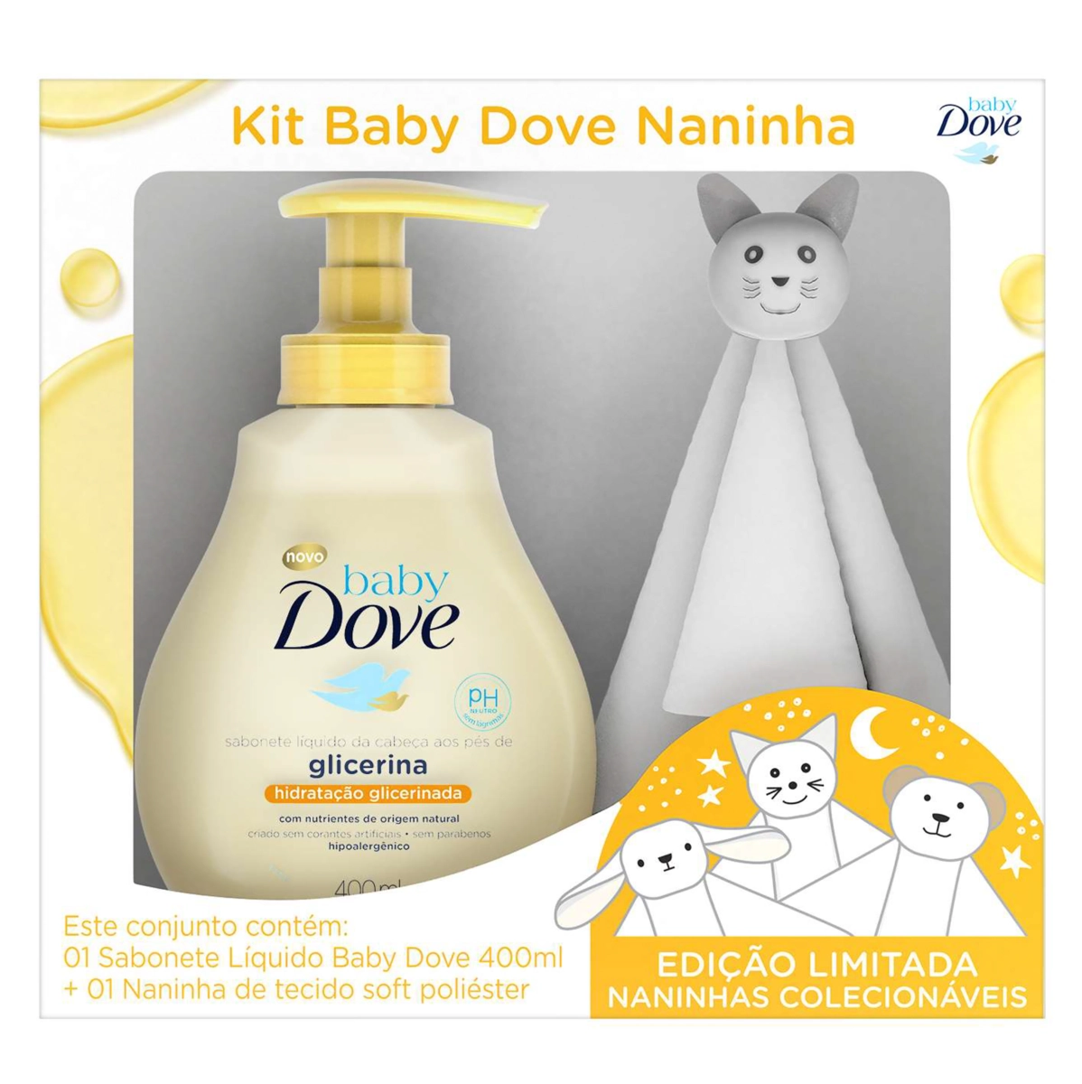 Kit Sabonete Líquido Hidratação Glicerinada Da Cabeça Aos Pés 400ml Naninha Gatinho Dove Baby
